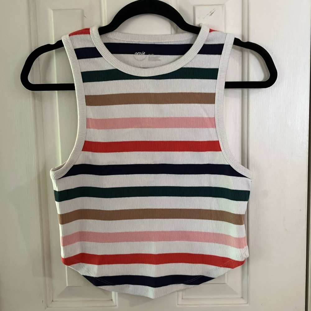Aerie XL Crop High Neck Tank Top with Front Curved Hem in Multi Color Striped